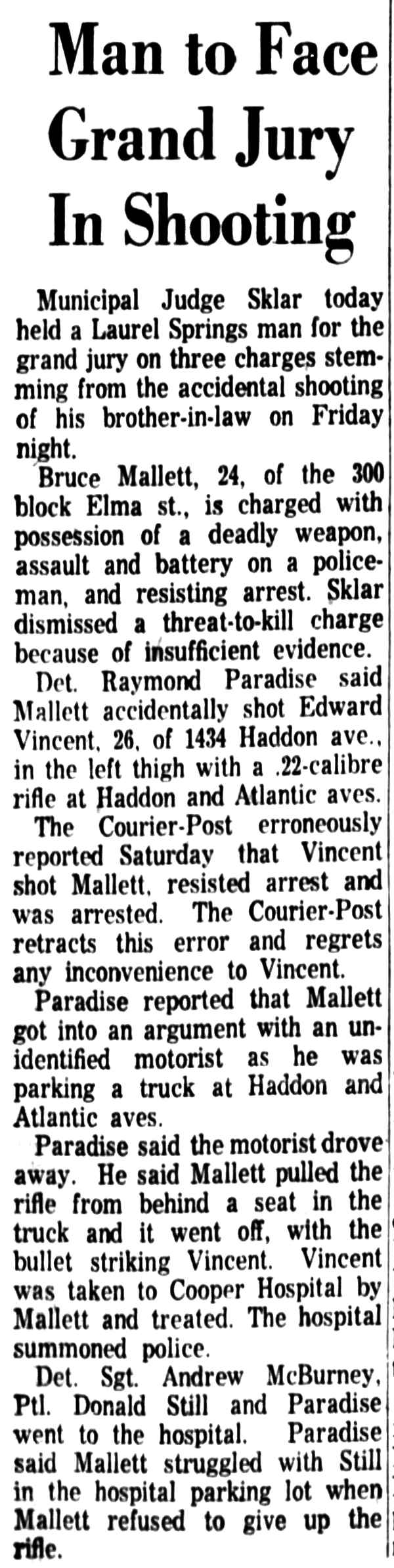 Camden Courier-Post July 15, 1963: Man to Face Grand Jury In Shooting
