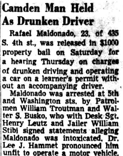 Newspaper clipping: Camden Man Held as Drunken Driver — Camden Courier-Post July 14, 1952