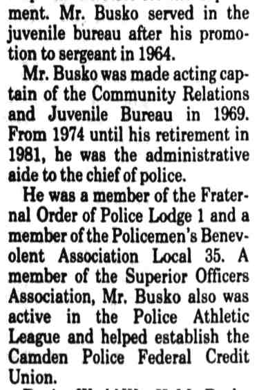 Newspaper obituary continued: Walter S. Busko — Camden Courier-Post July 20, 1991