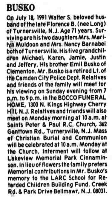 Death notice for Walter S. Busko — Camden Courier-Post July 20, 1991