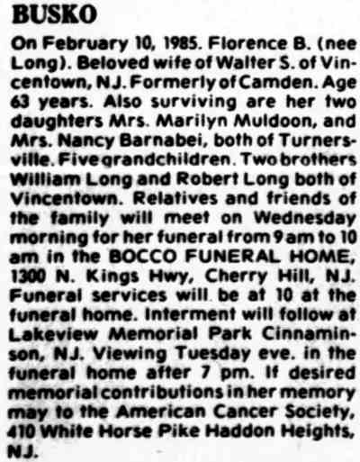 Death notice for Florence B. Busko (nee Long) — Camden Courier-Post 1985