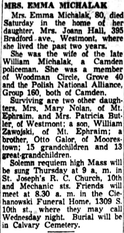 Obituary for Mrs. Emma Michalak, Camden Courier-Post, August 13, 1956