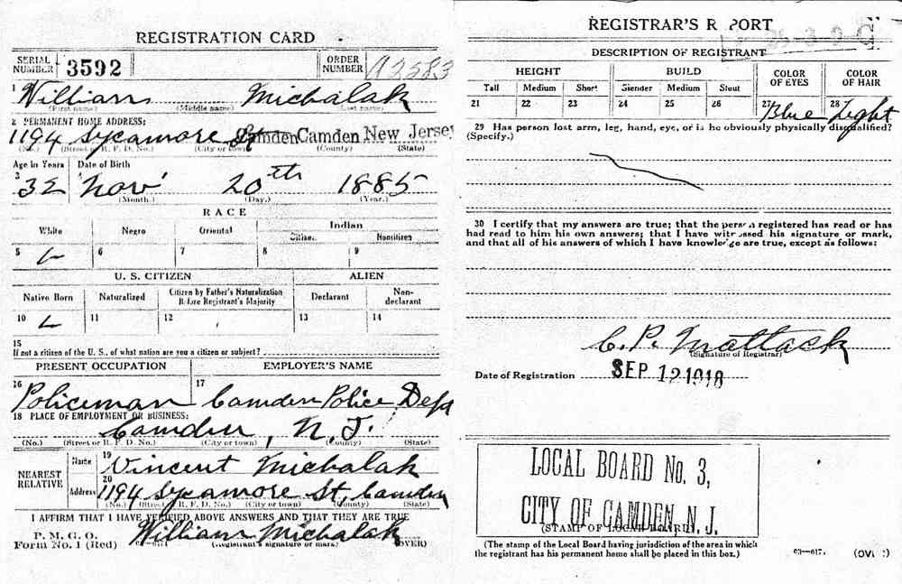 World War I Draft Registration Card for William Michalak, September 12, 1918