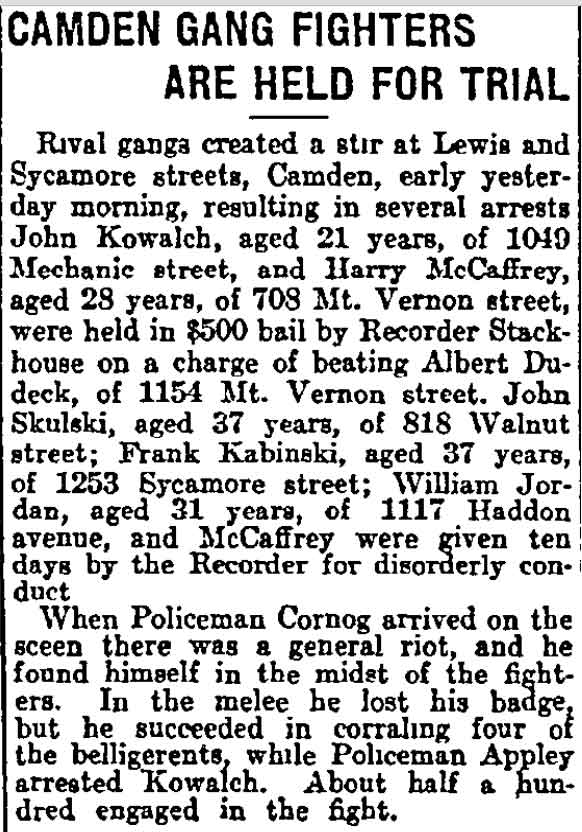 Camden police article, Philadelphia Inquirer, August 3, 1913