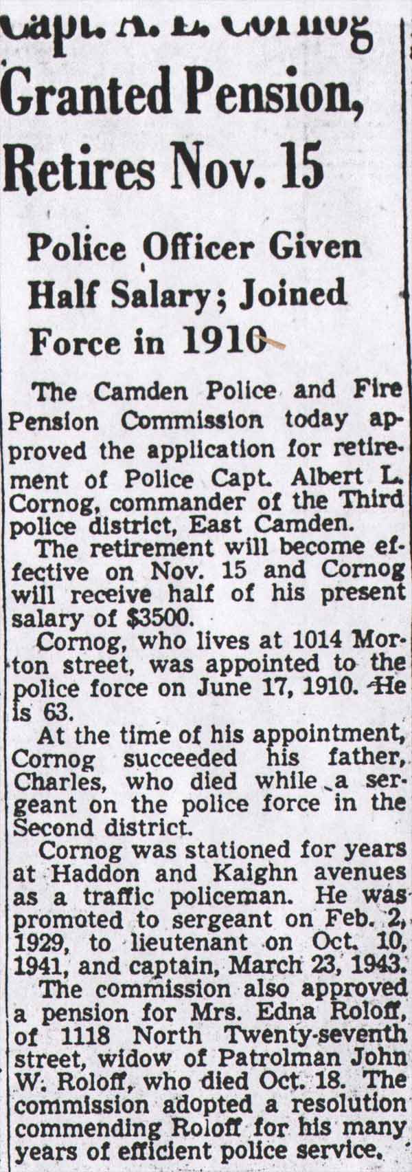 Albert L. Cornog retirement article, Camden Courier-Post, November 14, 1949