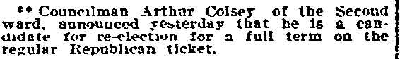 Philadelphia Inquirer, September 1, 1908 — Councilman Arthur Colsey seeks re-election