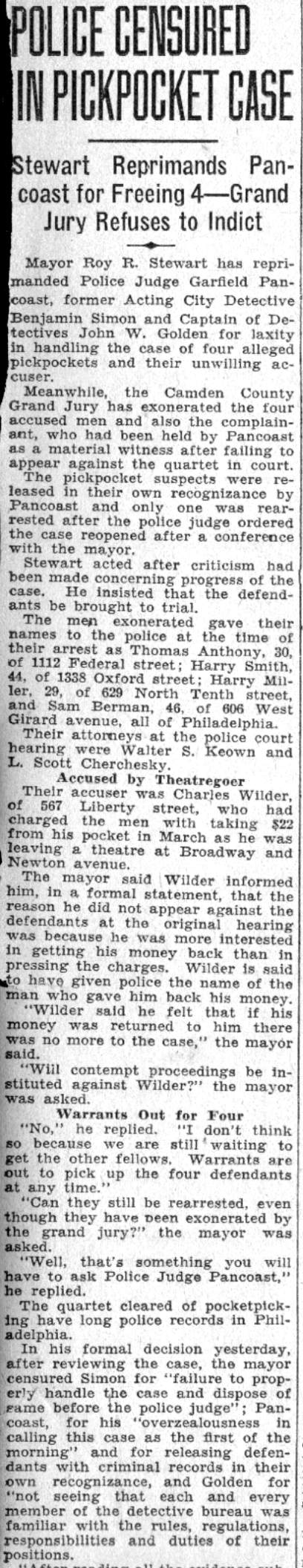 Police Censured in Pickpocket Case, Camden Courier-Post, June 4, 1932