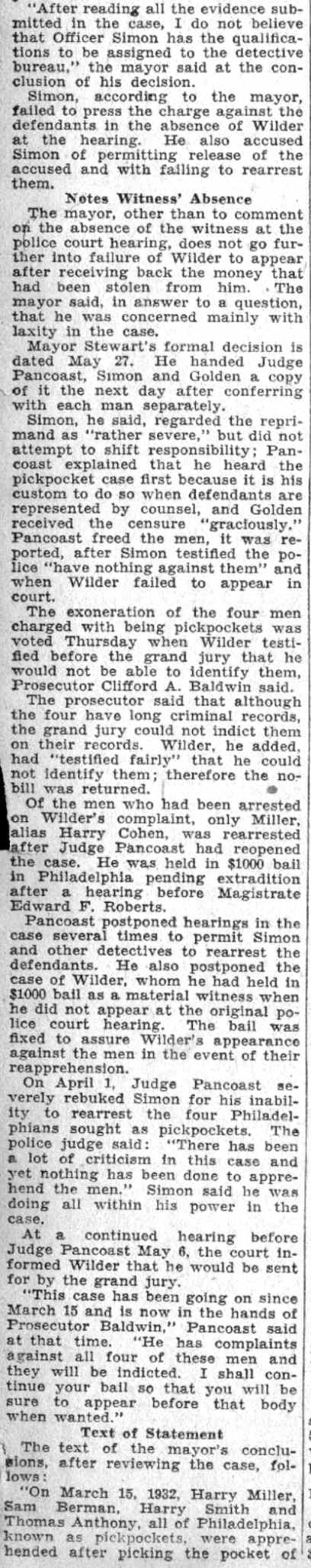 Police Censured in Pickpocket Case (continued), Camden Courier-Post, June 4, 1932
