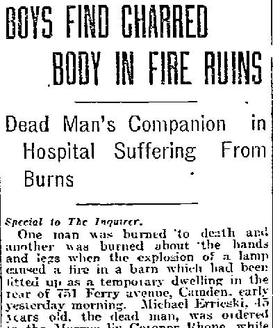 Philadelphia Inquirer, July 22, 1918 — Boys Find Charred Body in Fire Ruins, page 1