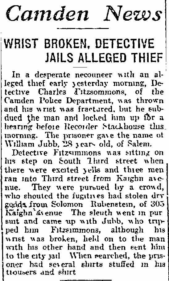 Philadelphia Inquirer, July 15, 1912, article mentioning Detective Fitzsimmons on Kaighn Avenue and 3rd Street