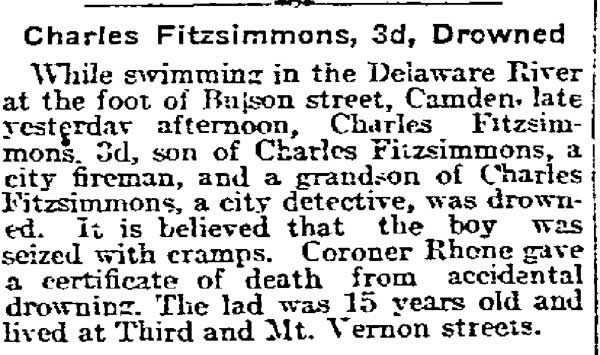 Philadelphia Inquirer, May 26, 1918, article mentioning Fireman Charles Fitzsimmons (son), Detective Charles Fitzsimmons, and David Rhone