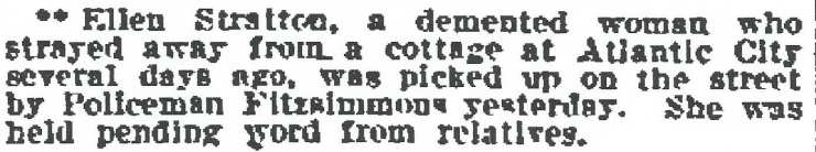 Philadelphia Inquirer, February 21, 1911, article mentioning Detective Fitzsimmons and Ellen Stratton