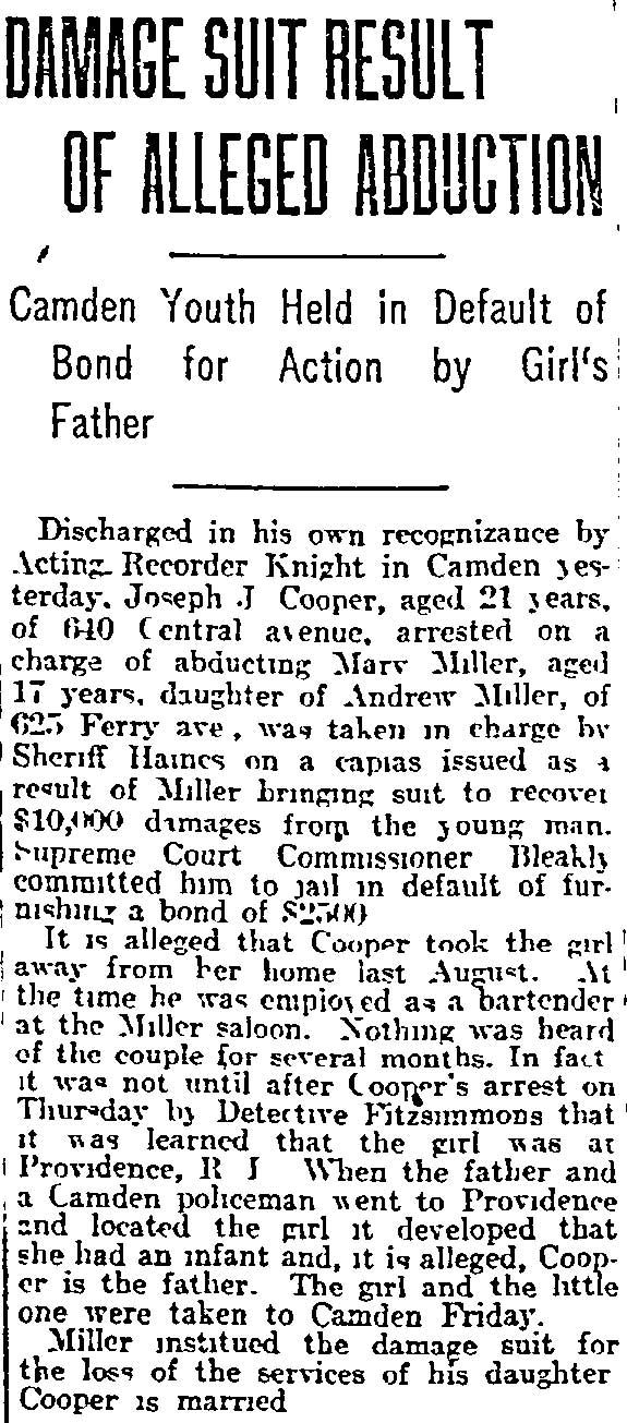 Philadelphia Inquirer, May 23, 1915, article about Detective Fitzsimmons, Andrew Miller, and Joseph Cooper on Central and Ferry Avenues