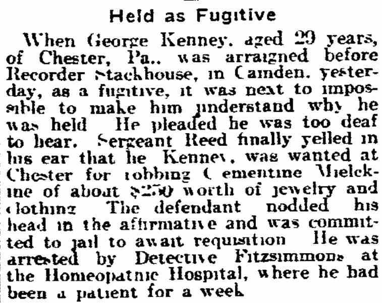 Philadelphia Inquirer, February 9, 1915, article mentioning Detective Fitzsimmons, O. Glen Stackhouse, and West Jersey Hospital
