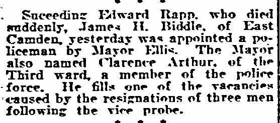 Philadelphia Inquirer, March 16, 1922 — Mayor Ellis Names New Policemen