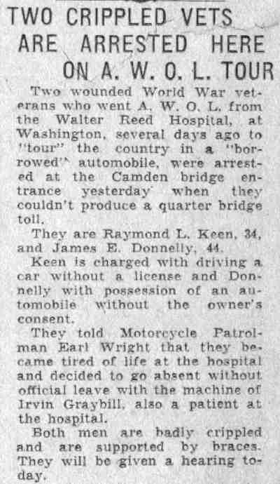Two Crippled Vets Are Arrested Here on A.W.O.L. Tour