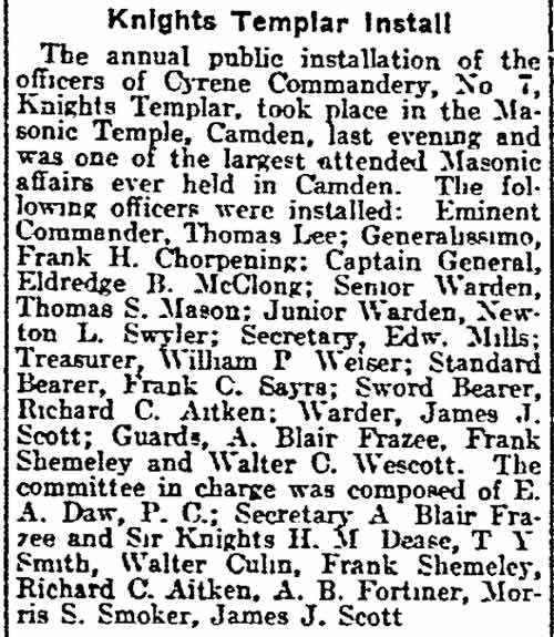 Philadelphia Inquirer, March 9, 1915 — Knights Templar Install