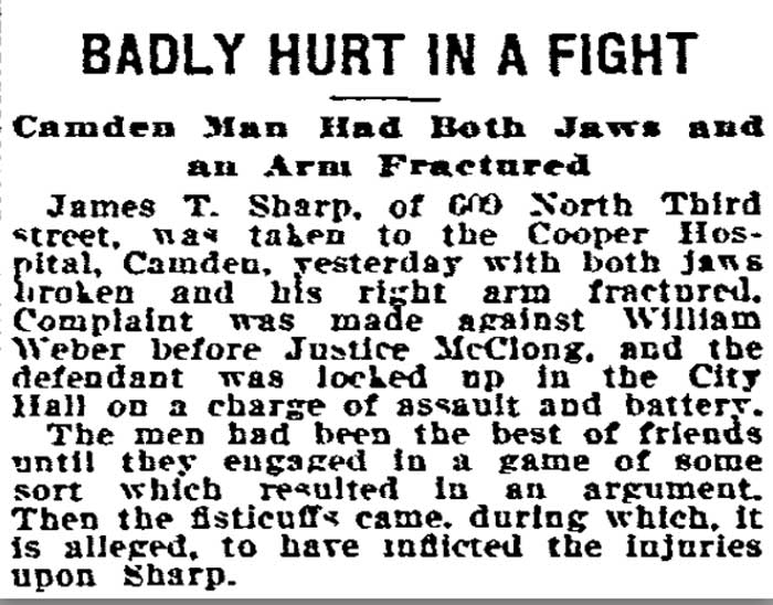 Philadelphia Inquirer, July 6, 1908 — Badly Hurt in a Fight