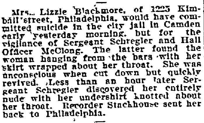 Philadelphia Inquirer, August 29, 1906 — Suicide attempt in jail