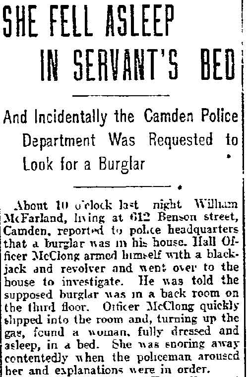 Philadelphia Inquirer, November 7, 1904 — She Fell Asleep in Servant's Bed headline