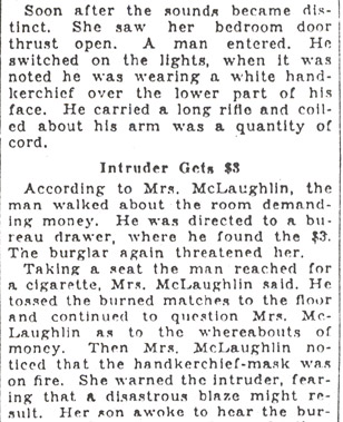 Burglar Robs Woman of $3 in Hour of Terror — Intruder Gets $3