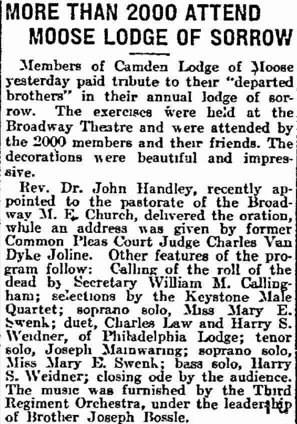 More Than 2000 Attend Moose Lodge of Sorrow — Philadelphia Inquirer, March 31, 1913