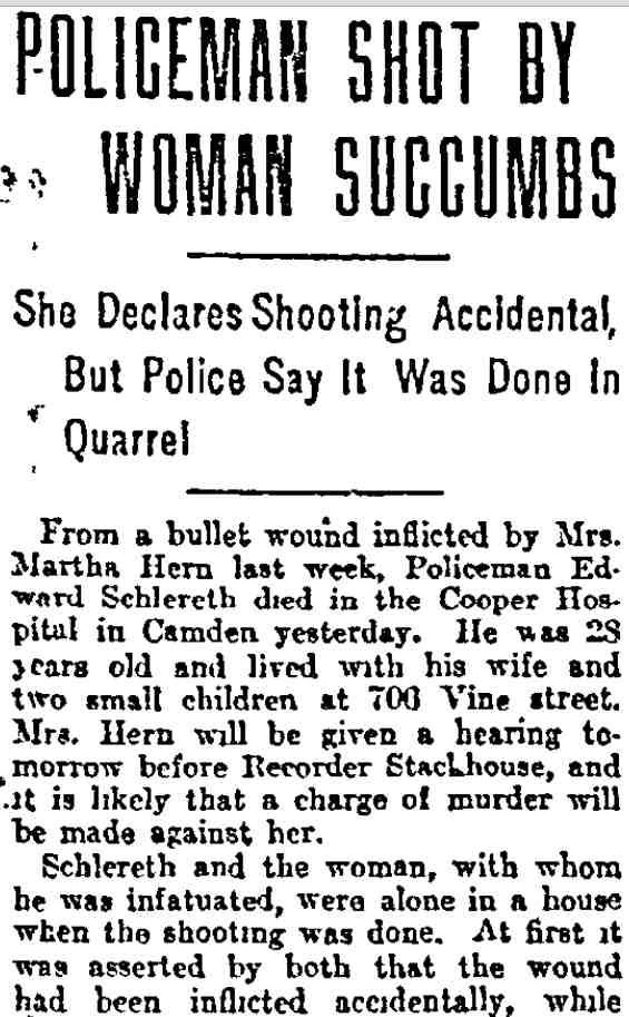 Philadelphia Inquirer, August 25, 1912 — Policeman Shot by Woman Succumbs, page one