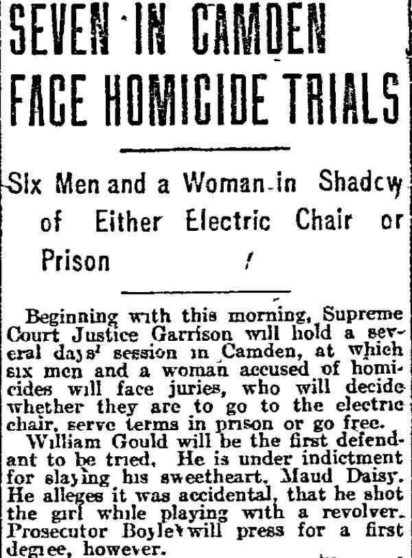 Philadelphia Inquirer, November 11, 1912 — Seven in Camden Face Homicide Trials, page one
