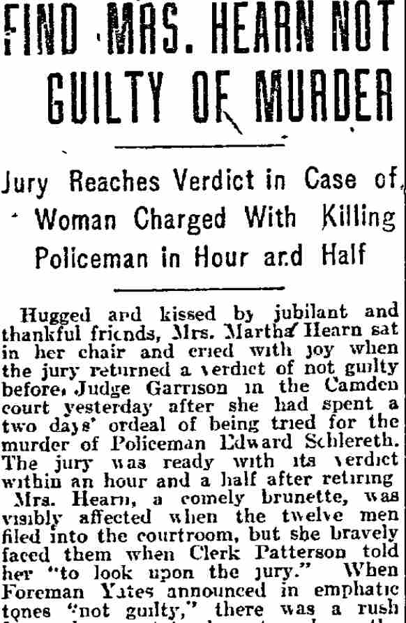 Philadelphia Inquirer, November 27, 1912 — Find Mrs. Hearn Not Guilty of Murder, page one
