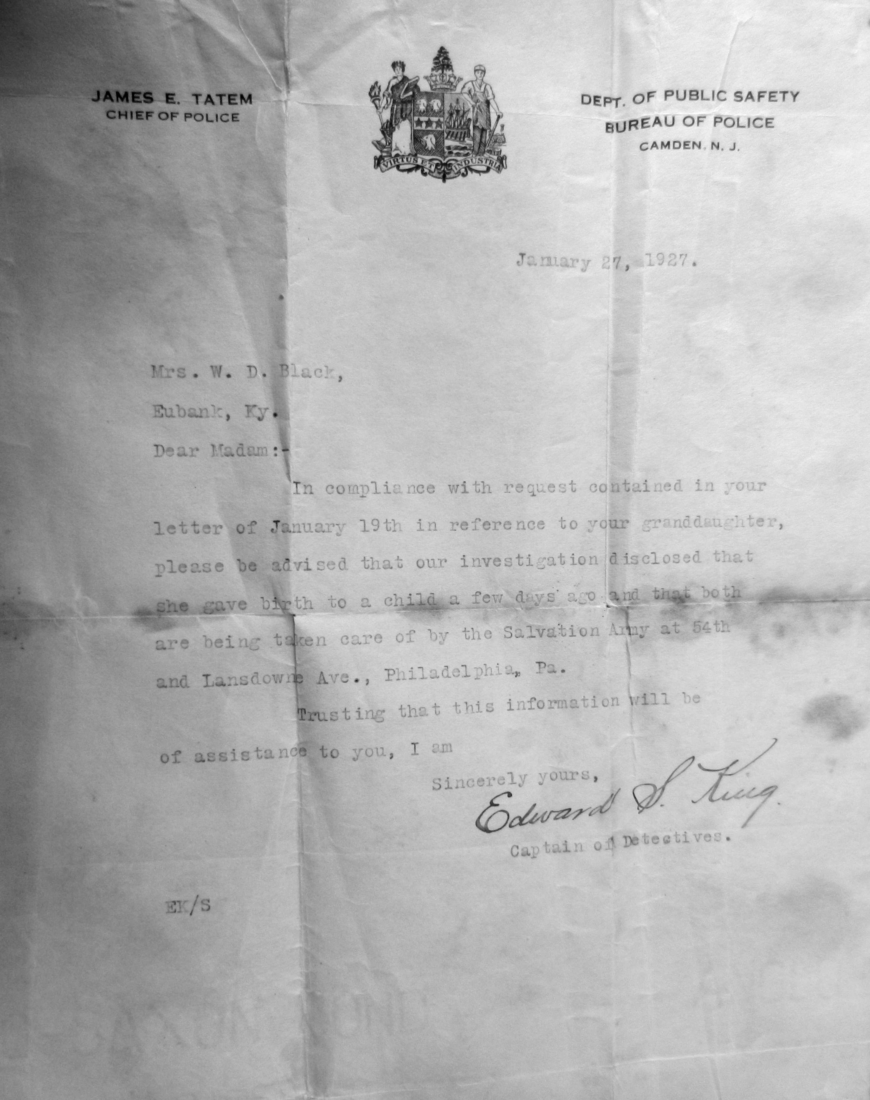 Letter written to Mrs. W.D. Black of Eubank, Kentucky by Captain of Detectives Edward S. King, January 17, 1927
