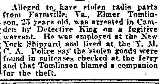 Philadelphia Inquirer, June 4, 1922 — Detective King arrests Elmer Tomlinson
