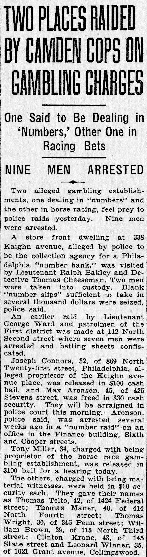 Two Places Raided by Camden Cops on Gambling Charges, June 9, 1932