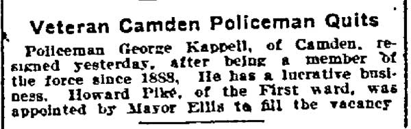 Philadelphia Inquirer, May 15, 1910 — Veteran Camden Policeman Quits