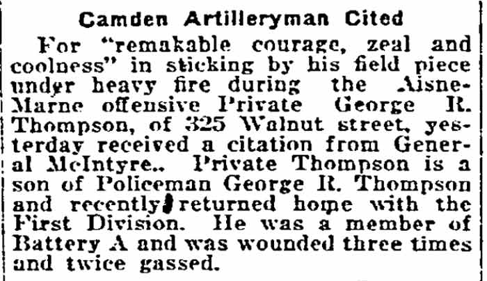 Camden Artilleryman Cited — Philadelphia Inquirer October 5, 1919