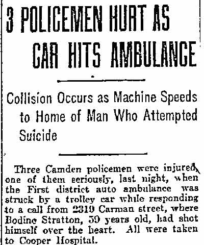 3 Policemen Hurt as Car Hits Ambulance — Philadelphia Inquirer, December 14, 1915 (col. 1)