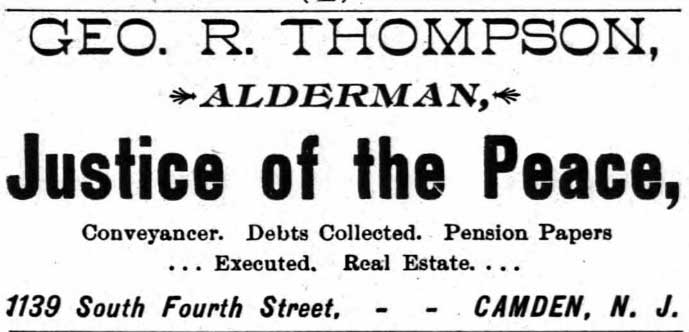 1896 Camden City Directory advertisement for Geo. R. Thompson, Alderman, Justice of the Peace