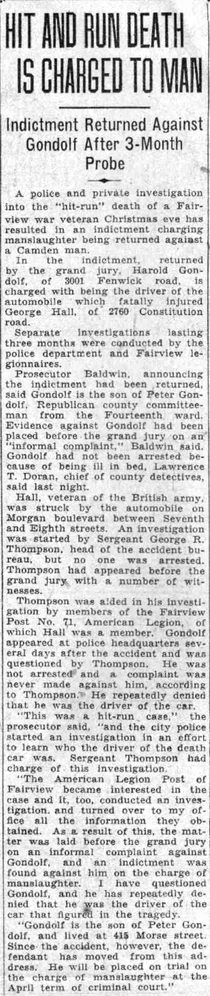 Sergeant George R. Thompson and article about Gondolf indictment for hit-and-run death of George Hall