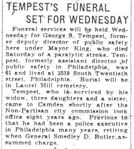 Camden Courier-Post, February 2, 1931 — death notice for George S. Tempest