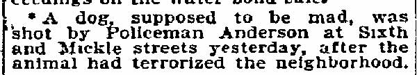 Philadelphia Inquirer February 18 1897 — Policeman Anderson shoots mad dog at Sixth and Mickle streets