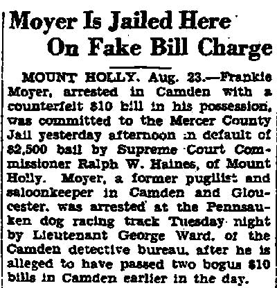 Frankie Moyer arrested, Trenton Times August 23, 1934