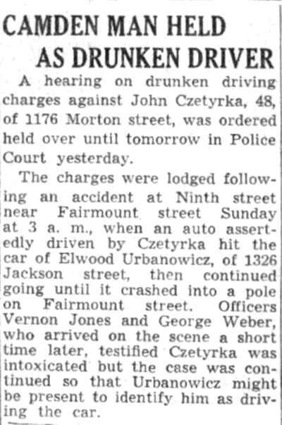 Camden Man Held as Drunken Driver, Camden Courier-Post, July 22, 1941