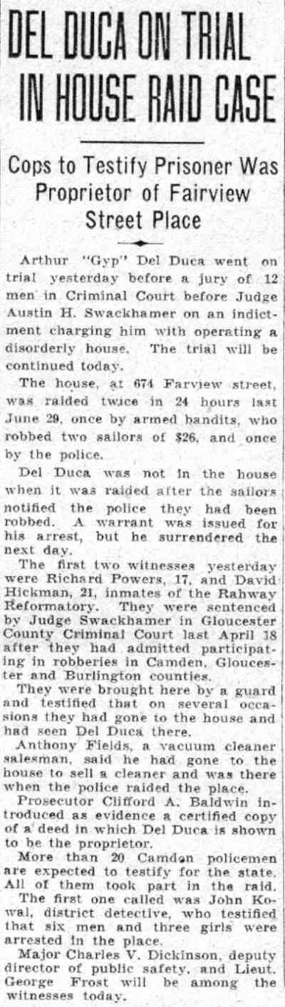 Del Duca on Trial in House Raid Case, Camden Courier-Post, June 1, 1932