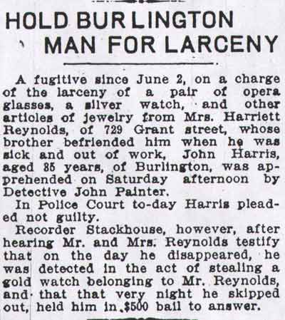 Hold Burlington Man for Larceny, Philadelphia Inquirer, July 28, 1913