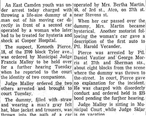 Camden Courier-Post, August 14, 1961 — Dummy Hurled In Auto's Path Panics Driver, article text