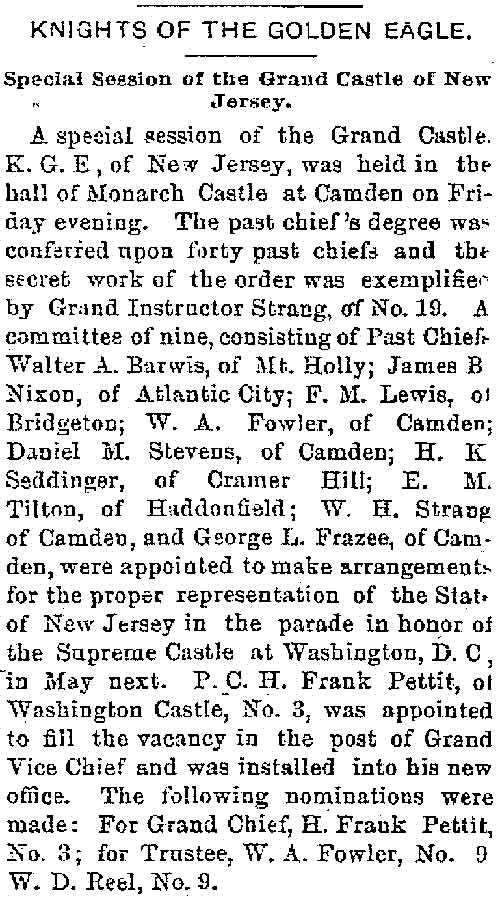 Philadelphia Inquirer, April 23, 1888 — Knights of the Golden Eagle, Monarch Castle