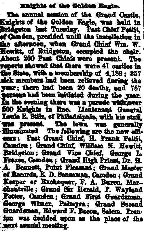 Philadelphia Inquirer, November 8, 1889 — Knights of the Golden Eagle
