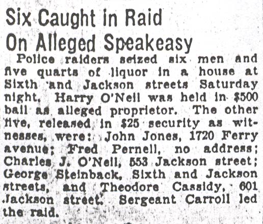 1930 Courier-Post article about Harry O'Neil's confectionary and speakeasy at 543 Jackson Street