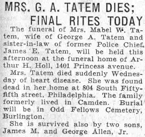 Camden Courier-Post, June 11, 1932 — Tatem family notice