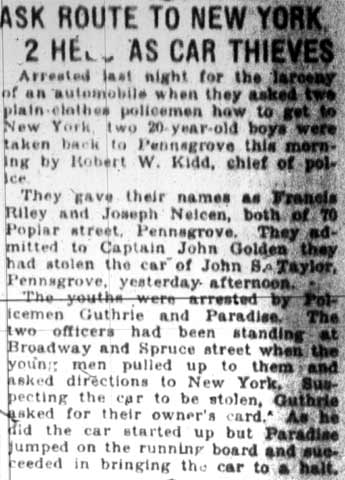 Camden Courier-Post, April 2, 1928 — Ask Route to New York, 2 Held as Car Thieves