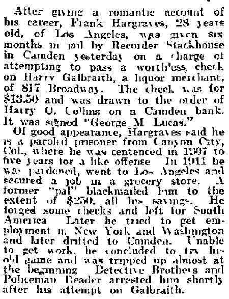 Philadelphia Inquirer, February 12, 1915 — Worthless Check Writer Jailed